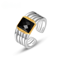 wholesale S925 Sterling Silver Geometric Square Black Onyx Ring, Korean Style Minimalist Adjustable Open Ring for Fashion Trend Wholesale-10K gold + swimming paint Adjustable opening
