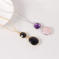 wholesale S925 silver inlaid with natural amethyst, unisex colorful mixed gemstone long pendant necklace for autumn and winter-Natural Amethyst + Pink Crystal Sweater Chain