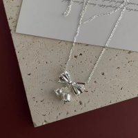 wholesale S925 Sterling Silver Bow Lily of the Valley Minimalist Necklace Fashion Luxury Versatile Niche Design Collarbone Jewelry-925 silver bow lily of the valley - white gold 925 silver