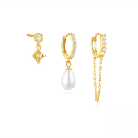 wholesale S925 Sterling Silver Irregular Geometric Petal Tassel Zircon And Pearl Earring Set For Women-3-piece set Gold#1 925 silver