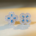 wholesale S925 Sterling Silver Four-Leaf Clover Full Diamond Earrings Women's Blue Aquamarine Blue Diamond HW Earrings-0-0