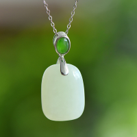 wholesale 925 silver inlaid with Hetian jade square "Wushi" pendant, a certificate-included Hanfu-style antique jade necklace-Jade buckle pendant (without chain)
