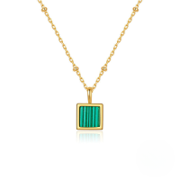 wholesale S925 Sterling Silver Square Natural Stone Pendant Necklace, Agate Malachite Women's Choker-Gold-Malachite 925 Silver