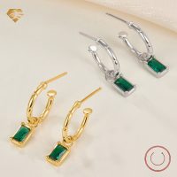 wholesale S925 Sterling Silver Cross-Border Hot-Sell C-Shaped Green Cubic Zirconia Earrings with Emerald, Minimalist and High-End Ear Studs for Women-Gold-Green Diamond 925 Silver