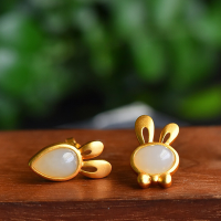 wholesale 925 Silver Gold-Plated Asymmetric Jade Rabbit Earrings with Certificate, Wholesale Versatile Commuter Ancient Style-Gold-plated asymmetrical jade rabbit earrings 925 silver
