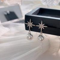 wholesale S925 Sterling Silver Eight-Pointed Star Pearl Pin Earrings for Women, Elegant and Graceful Micro-Set New Sweet Ear Accessories-Eight-pointed star pearl earrings 925 silver