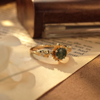wholesale Silver fashion luxury natural moss agate ring sunflower flower summer new design jewelry wholesale-Natural Water Grass Agate S925 Silver Gold-Plated Ring  No. 7 (Mido)