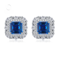 wholesale Platinum New Royal Blue 7*7 Earrings with Baguette Halo and Full Diamond Amazon Drop Shipping-E216 Royal Blue 925 Silver