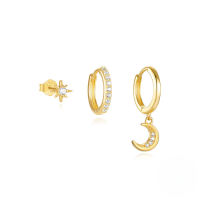 wholesale S925 Sterling Silver Eight-pointed Star Moon Pendant Ear Hoop Set With Classic European Evil Eye And Zircon Accents-3-piece set - Gold#4 925 silver