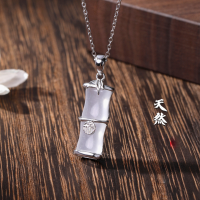 wholesale S925 Sterling Silver Guochao Bamboo Necklace for Women, Water Jade 'Fu' Character Pendant, Elegant Bamboo Joint Minimalist Collarbone Chain-Water Jade Bamboo Necklace with the Chinese Character "Fu" (About 3.87g) DZ016461-2