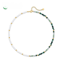 wholesale Summer New Style Metal Natural Moss Agate Beaded Collarbone Chain National Tide Shell Pearl Necklace New Chinese Style Necklace Wholesale-Green Moss>925 Silver