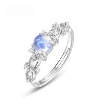 wholesale S925 sterling silver fashionable and elegant rainbow moonstone ring, versatile and niche, adjustable finger jewelry for women, wholesale-Colorful blue moonlight>Adjustable opening