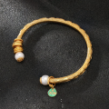 wholesale 925 Silver Plated with 24K Gold New Pearl Hollow Buckle Bracelet, Ancient Method Inherited Carved Open-End Bangle, Long-Lasting Color-0-5