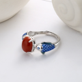 wholesale S925 Sterling Silver Antique Style Resin Enamel Koi Fish Ring Setting with Double Fish Grabbing Pearl Inlaid Southern Red Agate Openable Ring-0-2