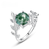 wholesale Amazon Cross-border Natural Watercolor Agate Index Finger Ring for Women, S925 Silver with Green Moss Stone Olive Branch Custom Ring-Water Grass Agate>US6#