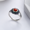 wholesale S925 Sterling Silver Ethnic Style Antique Matte Craft Resin Enamel Sunflower South Red Agate Ring-0-0