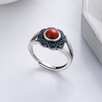 wholesale S925 Sterling Silver Ethnic Style Antique Matte Craft Resin Enamel Sunflower South Red Agate Ring-799FJ/approx. 4.6g Adjustable opening