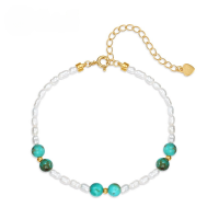 wholesale S925 Sterling Silver Fashionable Popular Small Pearl Bracelet with Natural Turquoise for Women, Luxurious High-End Sense Accessory-10K gold + swimming paint  925 silver