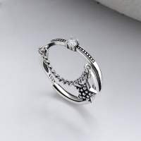 wholesale S925 Sterling Silver Korean Dongdaemun Trendy Chain Link Star Zircon Open Ring for Women-YJ427/approx. 2.3g Adjustable opening