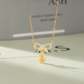 wholesale S925 Sterling Silver Korean and Japanese Style Sweet and Fresh Bow Necklace for Women, Small and Chic Design with Teardrop Pendant Collarbone Chain-0-0