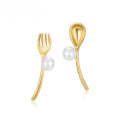 wholesale S925 Sterling Silver New Korean and Japanese Light Luxury Style Fun Fork and Spoon Earrings Creative Pearl Earrings Drop Shipping-0-0