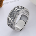wholesale S925 Sterling Silver Retro Pattern Edged Six-Character Mantra Scripture Wide Matte Finish Open Ring-0-0