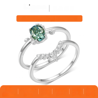 wholesale Golden S925 silver green moissanite stackable ring set with oval center stone and pear-shaped side stones, trendy design-Platinum 1 carat (with certificate) >9 US