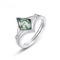 wholesale S925 Silver European and American Style Geometric Moss Agate Ring with Natural Green Moss for Stacking, Cross-Border Hot Purchase-Thick Silver Platinum US6#
