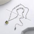 wholesale S925 Sterling Silver Chained Green Square Zircon Necklace, Fairy Tale-Inspired Sweet and Edgy Collarbone Chain-0-2
