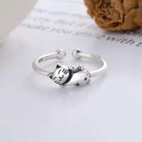 wholesale S925 silver ring, artistic and fashionable small floral cat ring, hand accessory, retro-designed cat silver jewelry for women, openable-xb954-white gold