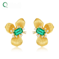 wholesale S925 Sterling Silver Gold-Plated Vintage Textured Lab-Grown Emerald Stud Earrings, Unique Design High-End Wholesale Jewelry-0-0