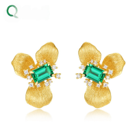 wholesale S925 Sterling Silver Gold-Plated Vintage Textured Lab-Grown Emerald Stud Earrings, Unique Design High-End Wholesale Jewelry-Cultured Emerald>925 Silver