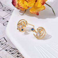 wholesale Metal: Sterling Silver Plated with K Gold, Japanese Ins Style Spring New Small Bear Earrings Set with Synthetic Opal and Blue Spinel in Crescent Shape-Bear Earrings with Artificial Opal 925 Silver