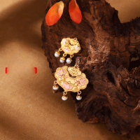 wholesale Metal material first: s925 ancient method silver gold-plated fittings, enameled "Ten Miles of Red Dowry" small lock, pearl dangle, koi fish peace lock pendant DIY-Medium Ruyi Lock Pendant