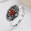wholesale S925 Sterling Silver Retro Antique-style Filigree Openwork Luxury Inlaid Southern Red Ethnic Wind Adjustable Ring-0-2