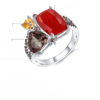 wholesale S925 Sterling Silver Designer Luxury Style Colored Gemstone Ring for Banquets with High-End Appeal-Natural Red Agate + Smoky Quartz US Size 7
