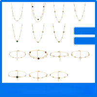 wholesale S925 Sterling Silver Double Four-Leaf Clover Ankle Bracelet Necklace Collarbone Chain for Women with Natural Freshwater Shell-Synthetic Malachite + Round Shell Beads 14K Gold 21.5+5cm 2.78g 925 Silver