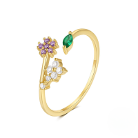 wholesale S925 Sterling Silver Floral Love Open Ring With Zircon And Opal, Korean Style Luxury Ins Small Trendy Index Finger Ring-Gold #7&gt; Opening adjustable
