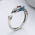 wholesale S925 Sterling Silver Creative Chinese Style Resin Enamel "Hundred Birds Paying Homage to the Phoenix" Adjustable Ring with Auspicious Meaning of Dragon and Phoenix Bringing Prosperity-0-1