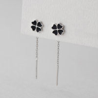 wholesale S925 Sterling Silver Fresh and Sweet Ins Style Niche Design Black Four-Leaf Clover Ear Thread M05813-Silver-One pair 925 silver