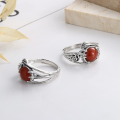 wholesale S925 Sterling Silver Branch Spliced Rose Leaf Style Inlaid with Southern Red Agate Ring Pastoral Wind Ring-0-1