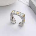 wholesale S925 Sterling Silver Light Luxury Exotic Creative Gold and Silver Two-Tone Clover Edge Pattern Square Ring-0-0