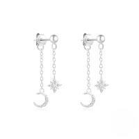 wholesale S925 Sterling Silver Geometric Star And Moon Earrings With Pearl, Zircon, And Fringe Chain-Platinum #3 925 Silver