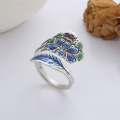wholesale S925 Sterling Silver Vintage Resin Enamel Craft Artistic Floral Leaf Ethnic Style Colorful Adjustable Ring-0-1