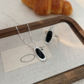 wholesale S925 Sterling Silver Geometric Oval Black Onyx Necklace Women's New Korean Style High-End Sense Collarbone Chain Trendy-0-4