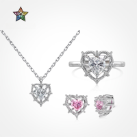 wholesale S925 Sterling Silver European and American Style Women's High-end Hollow Heart Design Luxury Wedding Set Ring Necklace Earrings-Platinum and Pink Diamond DY1D0360-SW-BF 925 Silver