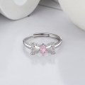 wholesale S925 Sterling Silver Korean Japanese Ins Sweet Style Cute Bow Pink Diamond Ring Adjustable Open Ring for Girls-0-1