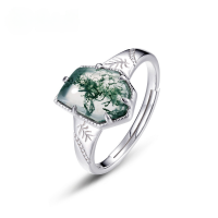 wholesale S925 Sterling Silver Geometric Irregular Moss Agate Ring Women Fashion Trendy Aquatic Plant Agate Ring Cross-Border Exclusive-Thick silver platinum Adjustable opening