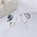wholesale S925 Sterling Silver Retro Antique Matte Craft Resin Green Leaf Lotus Three-Dimensional Trendy Adjustable Ring-0-0
