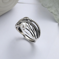 wholesale S925 Sterling Silver Korean-style Personalized Multi-layer Twisted Cross Pearl Braided Minimalist Design Open Ring-YFJ414/approx. 4g>Adjustable opening